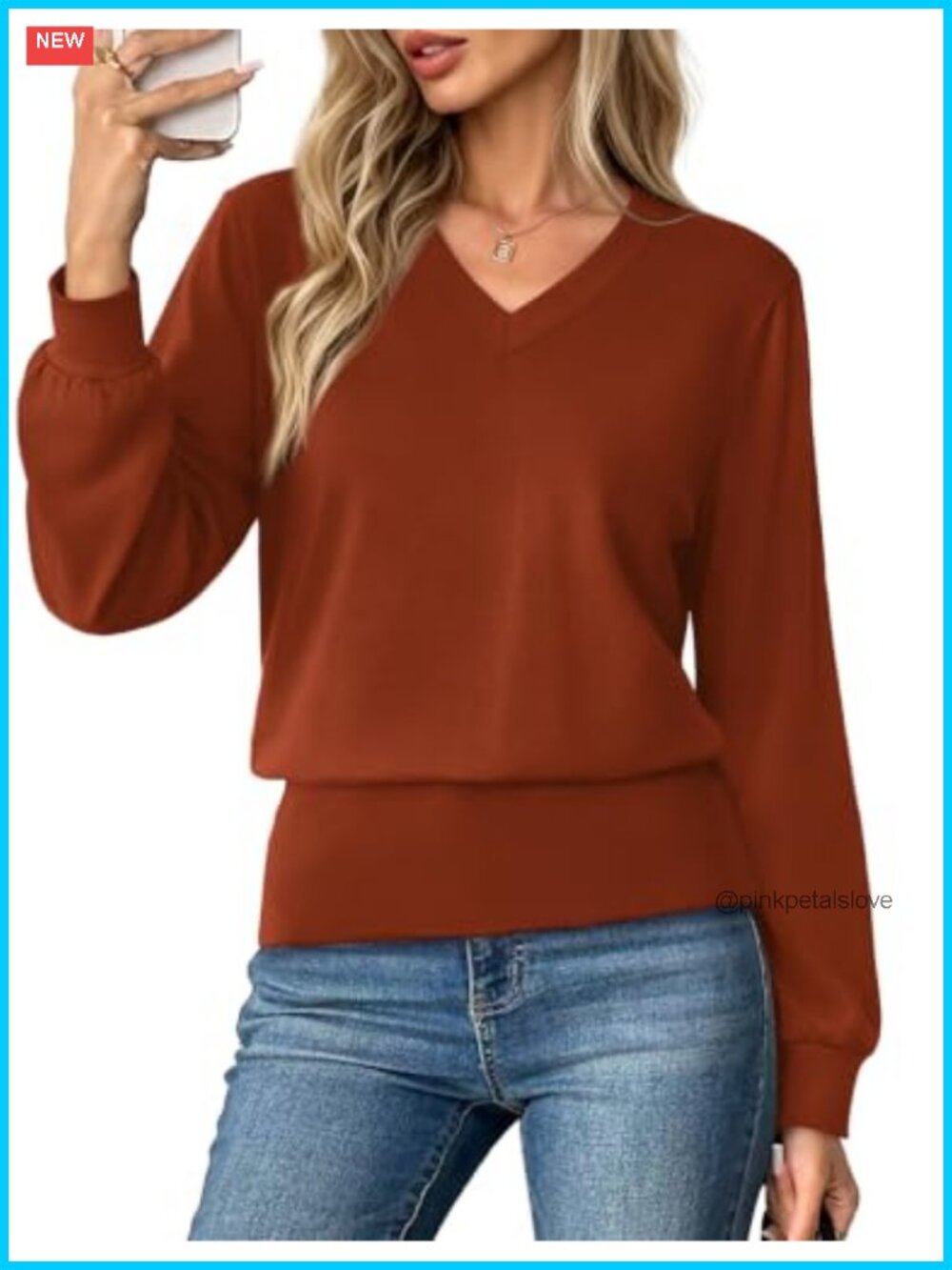 Women's V Neck Long Sleeve Elastic Waist Lightweight Stretchy Fall Top